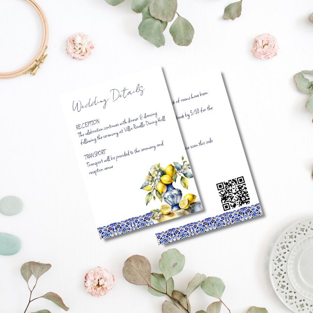 Carte D'accompagnement Amalfi tuiles italiennes citrons détails mariages (Amalfi Italian blue tiles lemons Mediterranean themed wedding details Enclosure Card qr website)