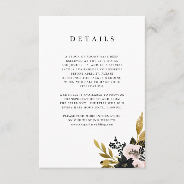 Carte D'accompagnement Ampersand élégant | Détails de l'invité Gold et Bl (Devant)