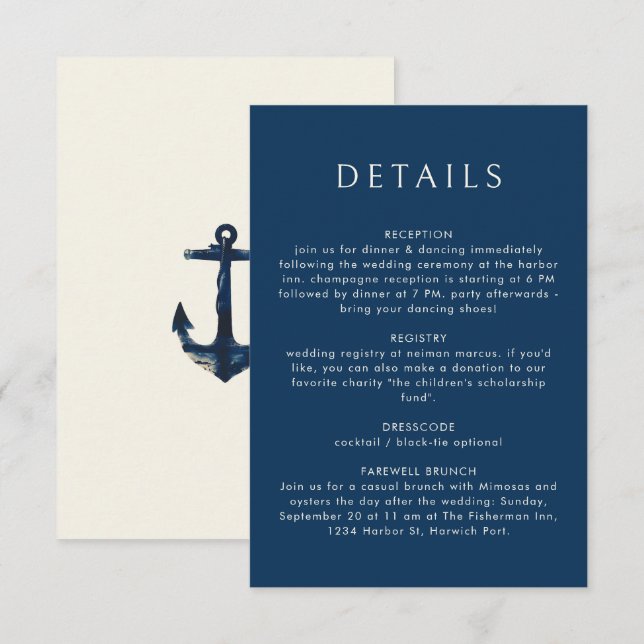 Carte D'accompagnement Ancre Bleu Nautique Design moderne Mariage Océan (Devant / Derrière)