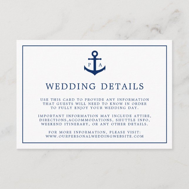 Carte D'accompagnement Ancre de monographie bleu marine Mariage nautique (Devant)