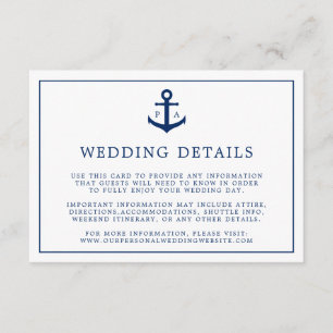 Carte D'accompagnement Ancre de monographie bleu marine Mariage nautique