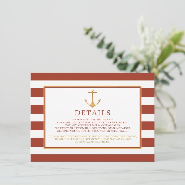 Carte D'accompagnement Ancre en or nautique, détail de mariage en brique  (Debout devant)