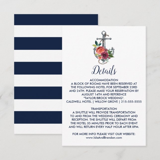 Carte D'accompagnement Ancre florale | Détails du Mariage d'automne Insér (Devant / Derrière)