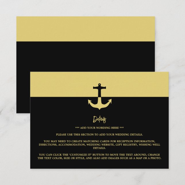 Carte D'accompagnement Ancre nautique - Black Gold - Détail du Mariage (Devant / Derrière)
