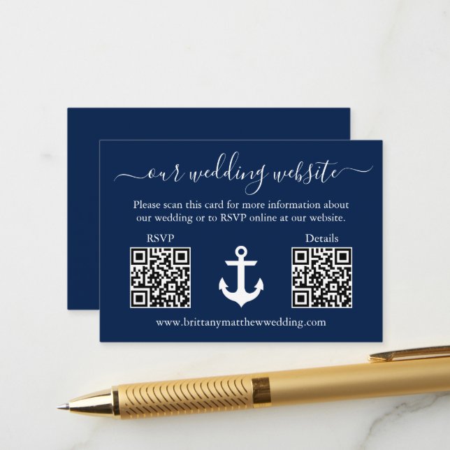 Carte D'accompagnement Ancre nautique bleu 2 QR RSVP Détails Mariage (Devant/Arrière en situation)