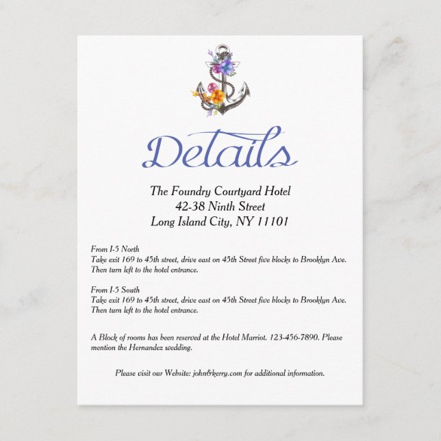 Carte D'accompagnement Ancre nautique Détails florale Direction (Devant)