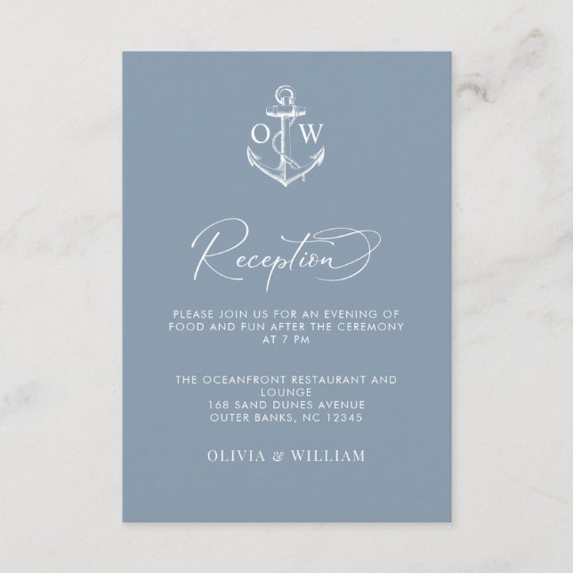 Carte D'accompagnement Ancre nautique Dusty Blue Wedding Réception (Devant)