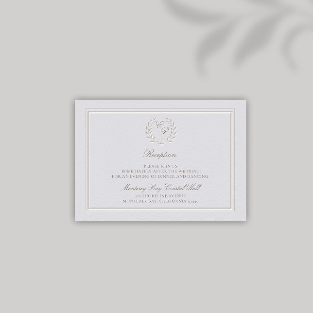 Carte D'accompagnement Ancre nautique Mariage de réception classique côti (nautical wedding reception modern classic formal traditional faux embossed anchor crest monograms)