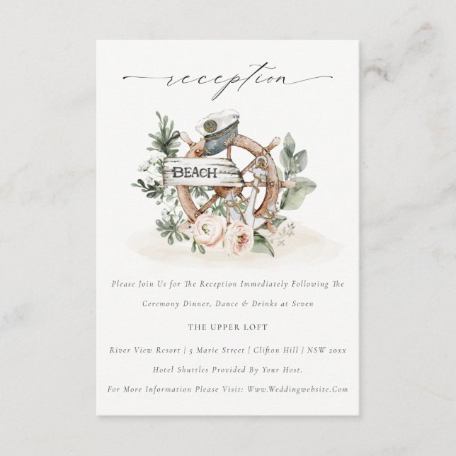 Carte D'accompagnement Ancre nautique Roue Floral Mariage Réception (Devant)