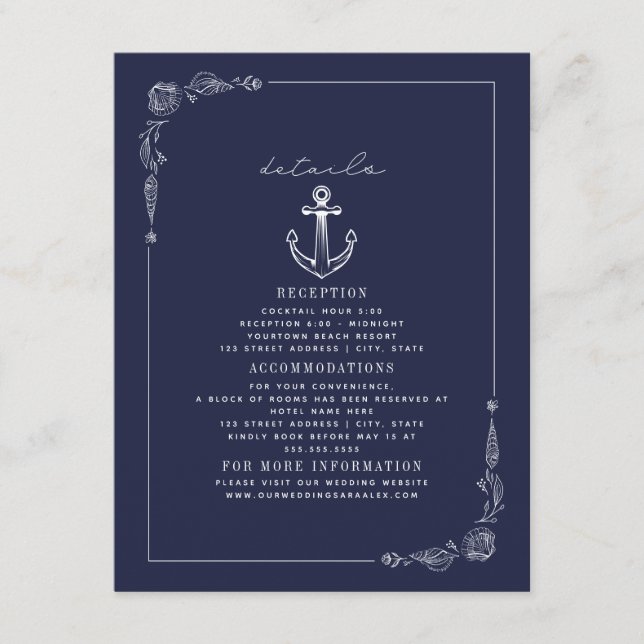Carte D'accompagnement Ancre rustique Dark Blue Beach Détails du mariage (Devant)