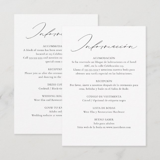 Carte D'accompagnement Anglais bilingue Mariage double face (Devant / Derrière)