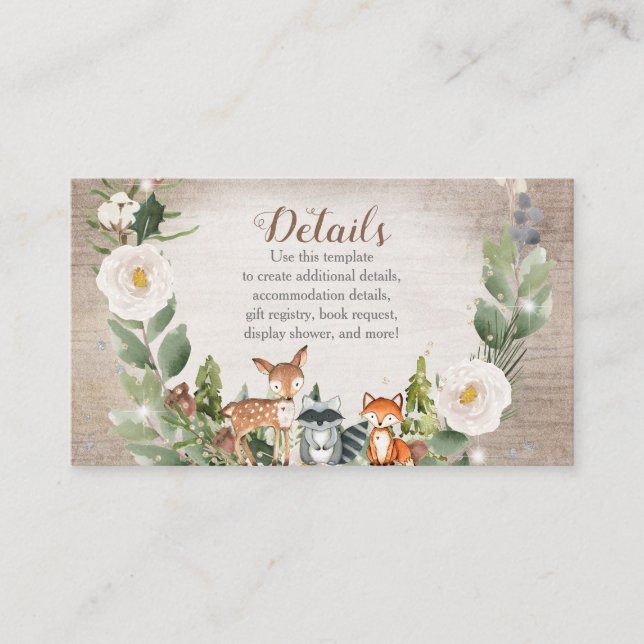 Carte D'accompagnement Animaux d'hiver Bois Blanc Baby shower Floral (Devant)