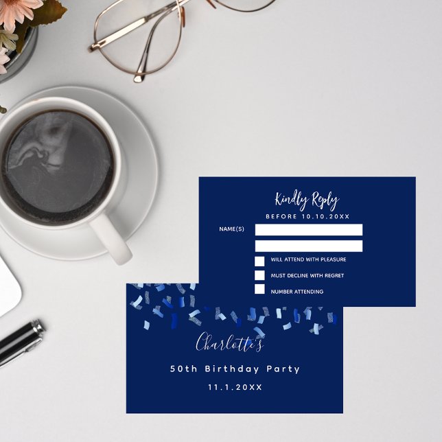 Carte D'accompagnement Anniversaire bleu blanc confetti parti RSVP (Créateur téléchargé)