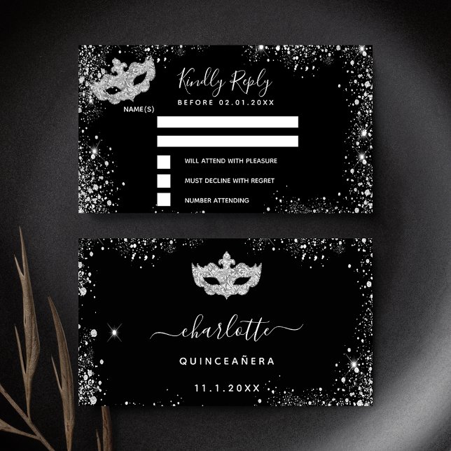 Carte D'accompagnement Anniversaire noir d'argent mascarade RSVP (Créateur téléchargé)