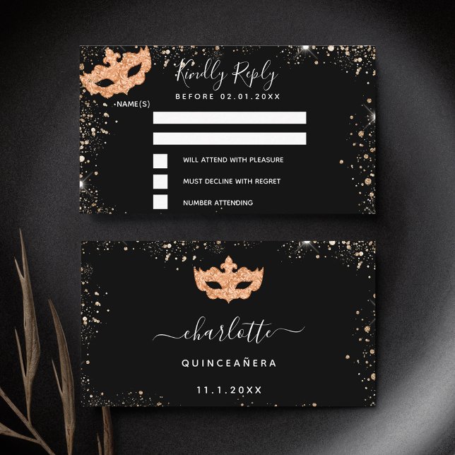 Carte D'accompagnement Anniversaire noir or masquade RSVP (Créateur téléchargé)