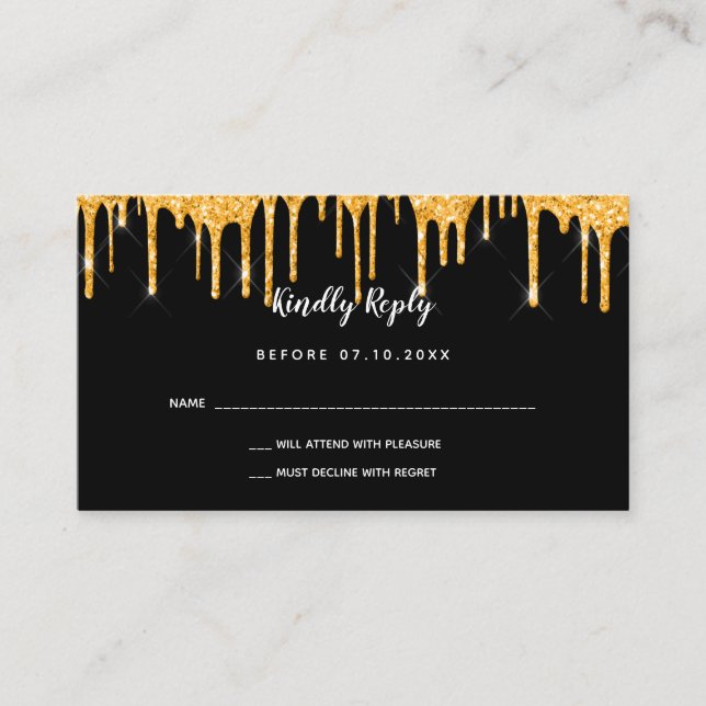 Carte D'accompagnement Anniversaire noir parties scintillant d'or gouttes (Devant)