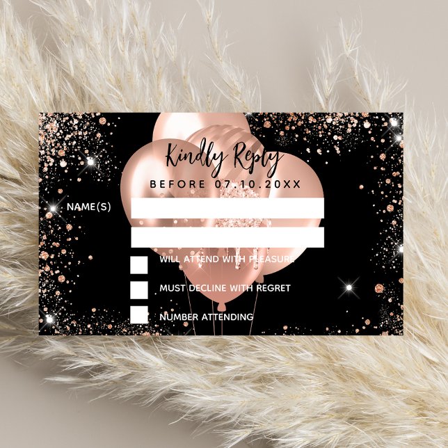 Carte D'accompagnement Anniversaire noir rose ballon d'or parti RSVP (Créateur téléchargé)