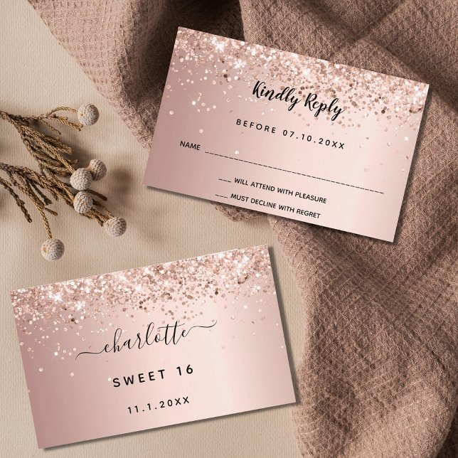 Carte D'accompagnement Anniversaire rose parti d'or RSVP (Créateur téléchargé)
