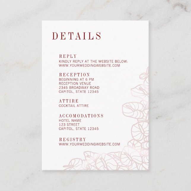 Carte D'accompagnement Anthurium Romantic Modern Details & Reply Card (Devant)