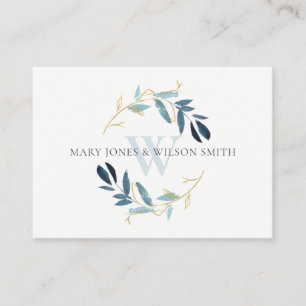 CARTE D'ACCOMPAGNEMENT AQUA BLUE GOLD FOLIAGE WREATH MARIAGE WISHING BIEN