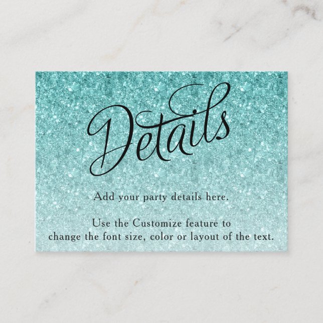 Carte D'accompagnement Aqua Blue Parties scintillant Fancy Script Détail (Devant)