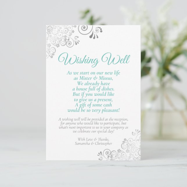 Carte D'accompagnement Aqua & Silver sur le Mariage blanc Wishing well Po (Debout devant)