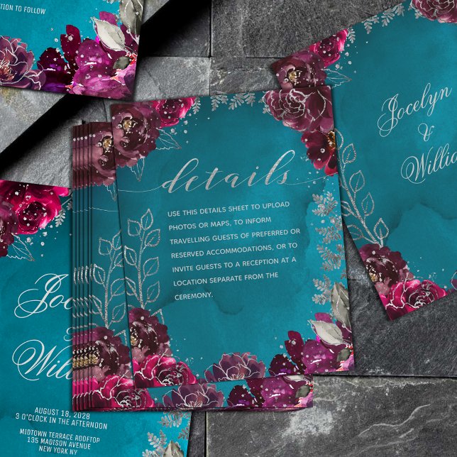Carte D'accompagnement Aqua Turquoise Merlot Jewel Tone Mariage Fiche tec (Aqua Teal Merlot Jewel Tone Wedding
Details Enclosure Sheet when you want to convey more info)