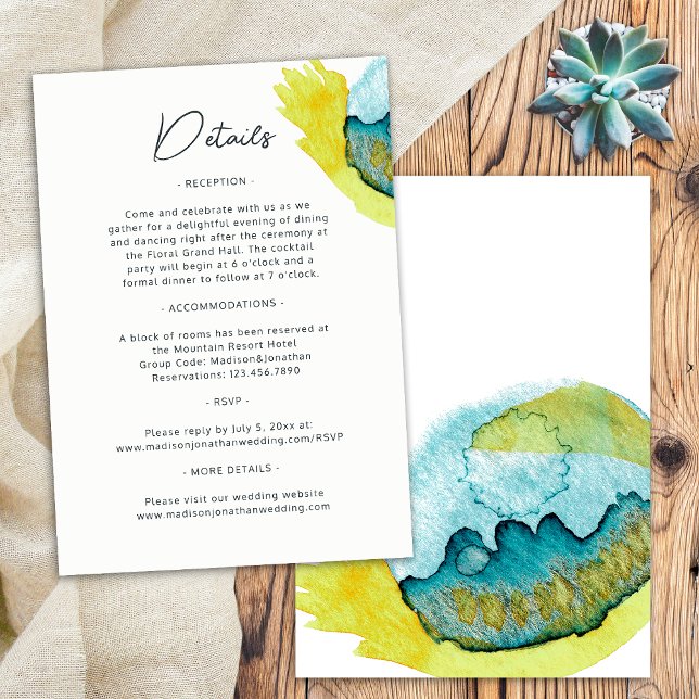 Carte D'accompagnement Aquarelle Abstraite bleu Jaune Art Mariage unique (Front/Back)