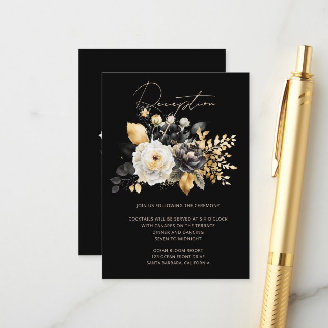 Carte D'accompagnement Aquarelle Black Gold Floral Réception (Devant/Arrière en situation)