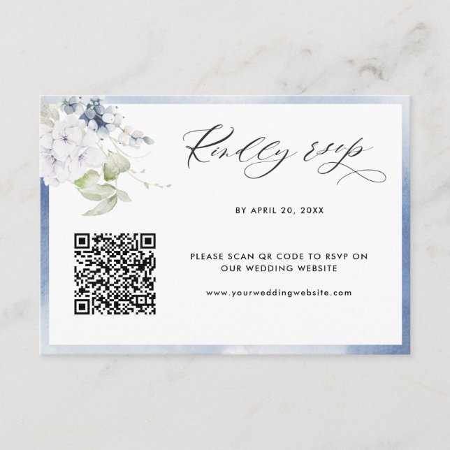 Carte D'accompagnement Aquarelle bleu foncé, Mariage floral QR Code RSVP (Devant)