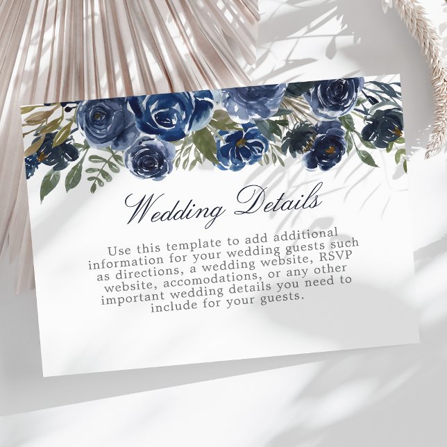 Carte D'accompagnement Aquarelle bleu marine Floral Détails du Mariage In (Créateur téléchargé)