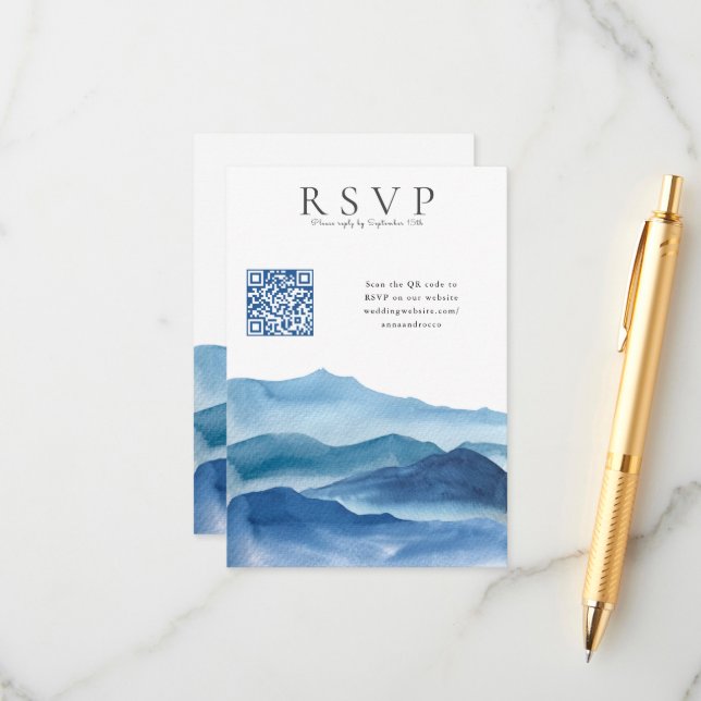 Carte D'accompagnement Aquarelle bleu moderne RSVP avec Mariage de code Q (Devant/Arrière en situation)