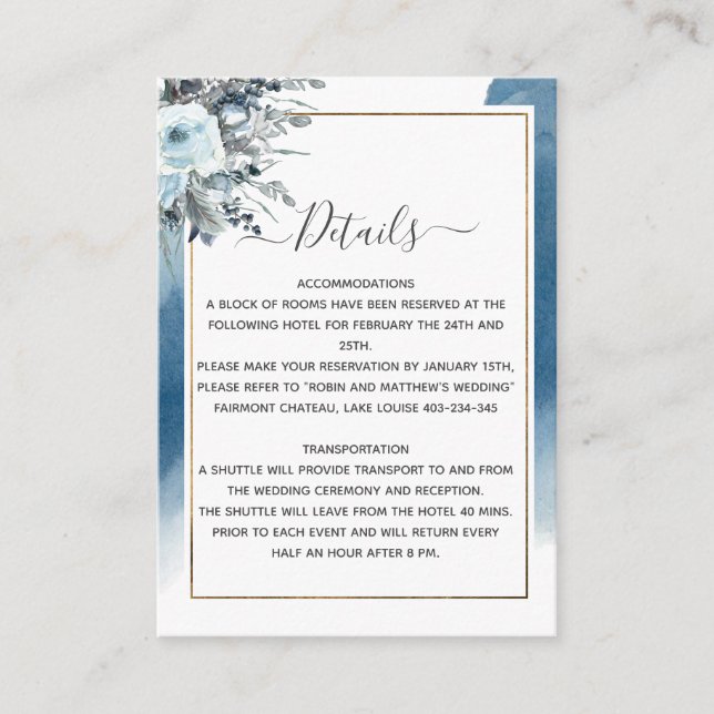 Carte D'accompagnement Aquarelle bleue Floral Mariage Détails Réception (Devant)