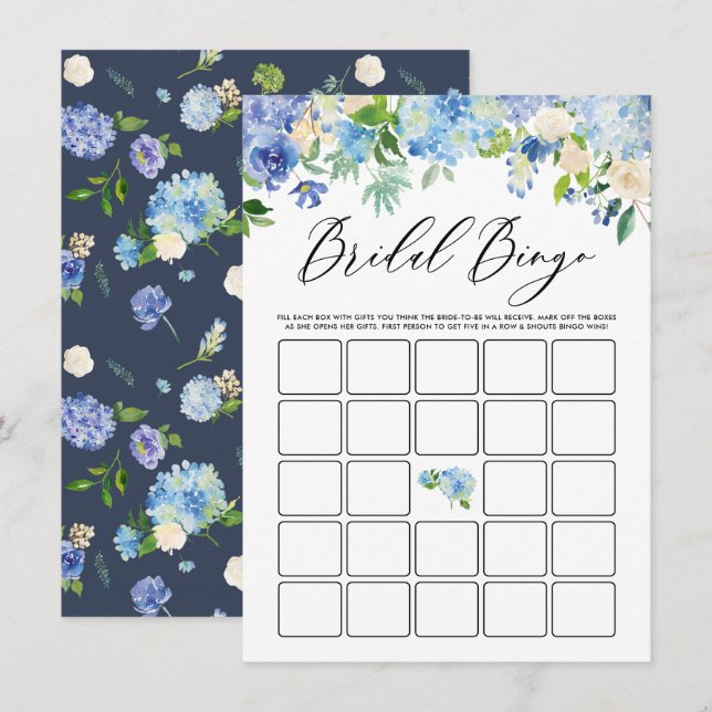 Carte D'accompagnement Aquarelle Blue Hydrangea Fête des mariées Bingo (Devant / Derrière)
