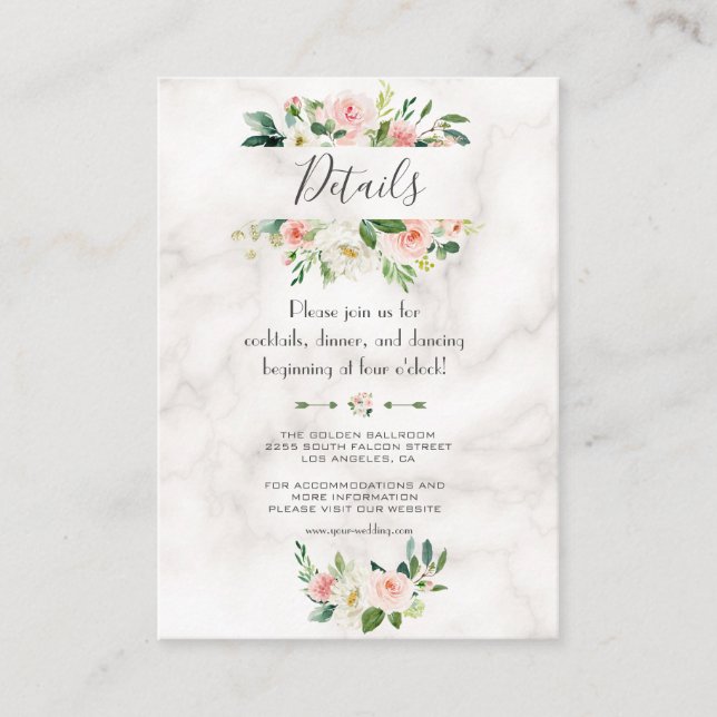 Carte D'accompagnement Aquarelle Blush Floral Marble Détails du Mariage (Devant)