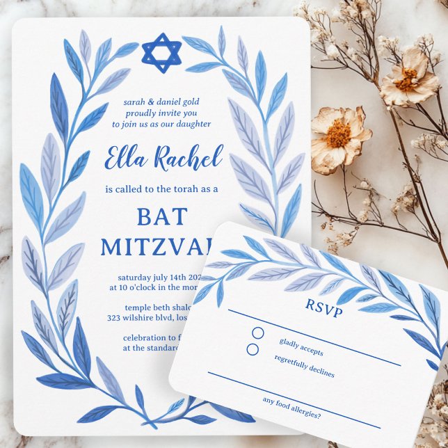 Carte D'accompagnement Aquarelle botanique CUSTOM Bar Bat mitzvah RSVP (Botanical Watercolor CUSTOM Bar Bat Mitzvah RSVP Enclosure Card
)