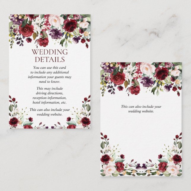 Carte D'accompagnement Aquarelle Bourgogne Floral Drop Détails du Mariage (Devant / Derrière)
