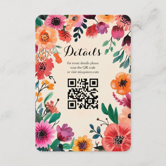 Carte D'accompagnement Aquarelle Cadre Floral Quinceañera CUSTOM QR Code (Devant)