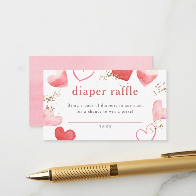 Carte D'accompagnement Aquarelle Coeurs Fille Baby shower Déchets Raffle (Devant/Arrière en situation)