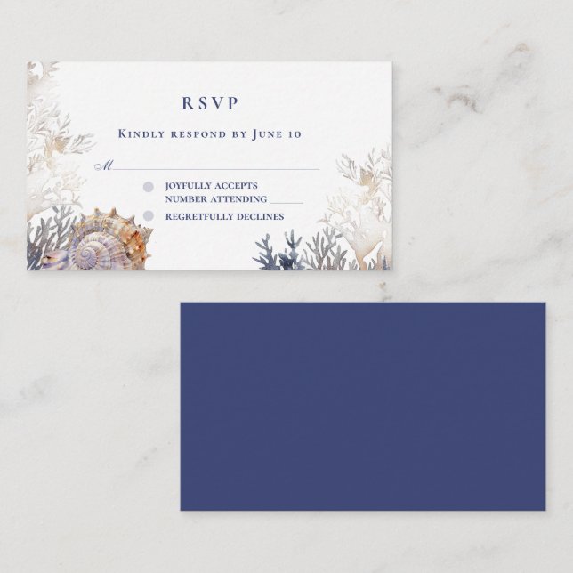Carte D'accompagnement Aquarelle Coquillages Coraux Mariage d'été RSVP (Devant / Derrière)