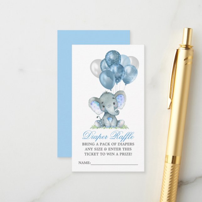 Carte D'accompagnement Aquarelle de la couche Raffle Eléphant Bleu Ballon (Devant/Arrière en situation)