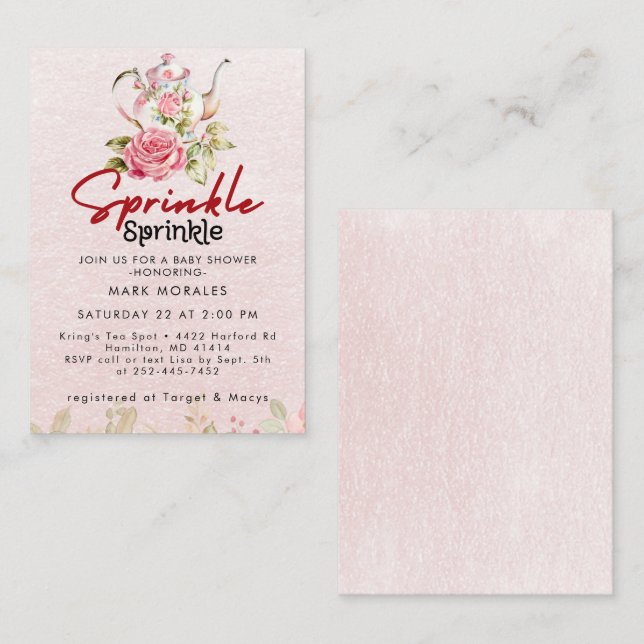 Carte D'accompagnement Aquarelle de la fête du thé rose pour bébé (Devant / Derrière)