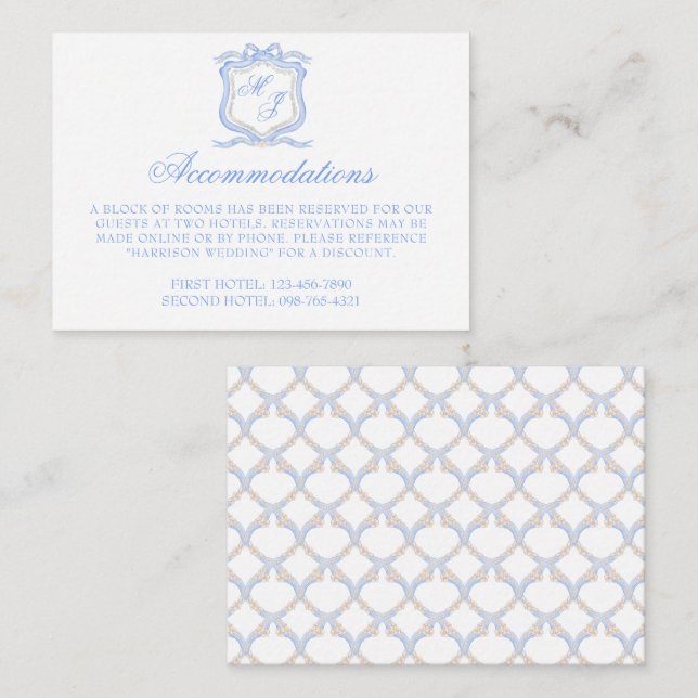 Carte D'accompagnement Aquarelle Designer Blue Monogram Crest Mariage (Devant / Derrière)