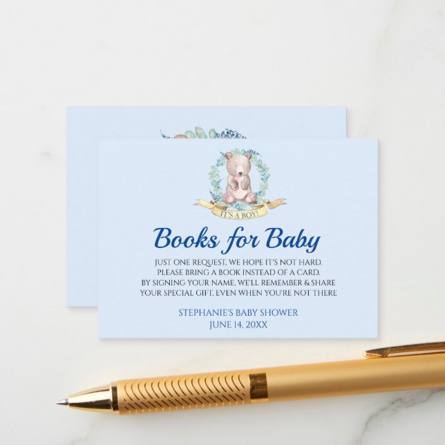 Carte D'accompagnement Aquarelle Douce Ours Bleu Teddy Apportez Un Livre (Devant/Arrière en situation)