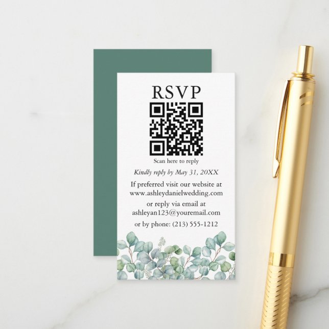 Carte D'accompagnement Aquarelle Eucalyptus Mariage de verdure QR RSVP (Devant/Arrière en situation)