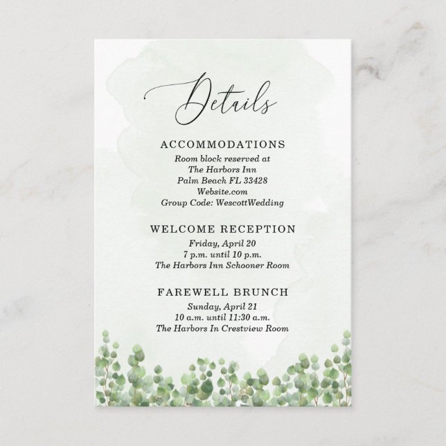 Carte D'accompagnement Aquarelle Eucalyptus Sage Green Détails du Mariage (Devant)