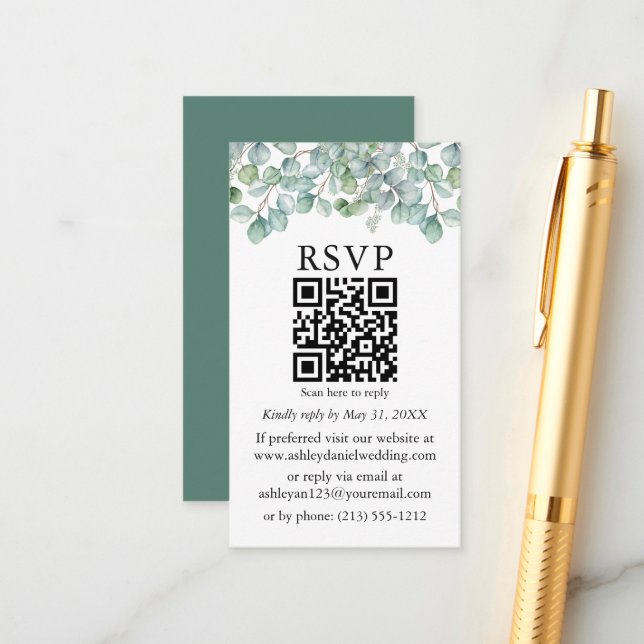 Carte D'accompagnement Aquarelle Eucalyptus Verdure QR Mariage RSVP (Devant/Arrière en situation)
