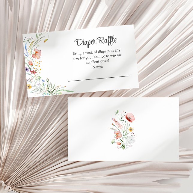 Carte D'accompagnement Aquarelle Fleur sauvage Meadow Diaper Raffle (Watercolor Wildflower Meadow Diaper Raffle Enclosure Card on a neutral dry palm leaf.)
