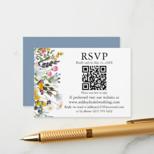 Carte D'accompagnement Aquarelle Fleur sauvage QR RSVP Mariage Dusty Blue