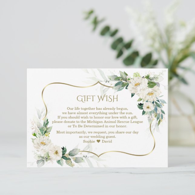 Carte D'accompagnement Aquarelle Fleurs Blanches Or Mariage Cadeau (Debout devant)